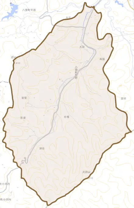 八雲町熊野とその周辺の地図。町の範囲を重ねている