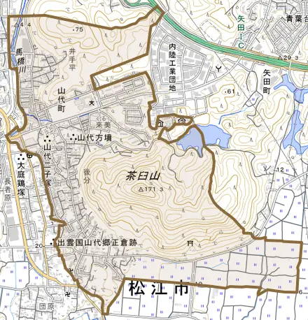 山代町とその周辺の地図。町の範囲を重ねている