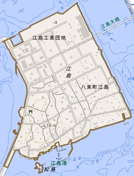 八束町江島とその周辺の地図。町の範囲を重ねている