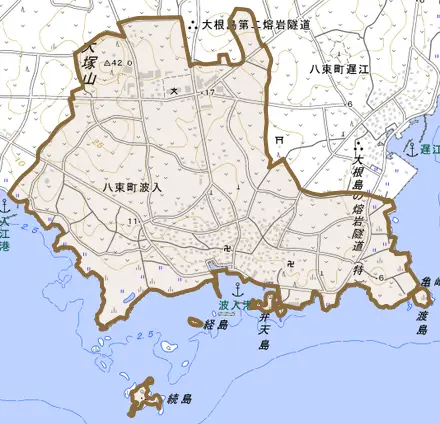 八束町波入とその周辺の地図。町の範囲を重ねている