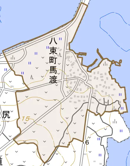 八束町馬渡とその周辺の地図。町の範囲を重ねている