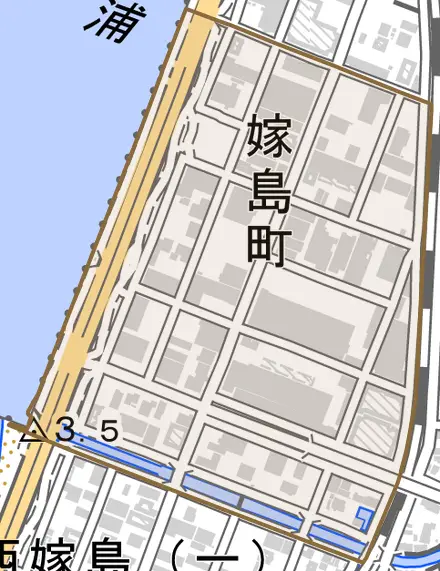 嫁島町とその周辺の地図。町の範囲を重ねている
