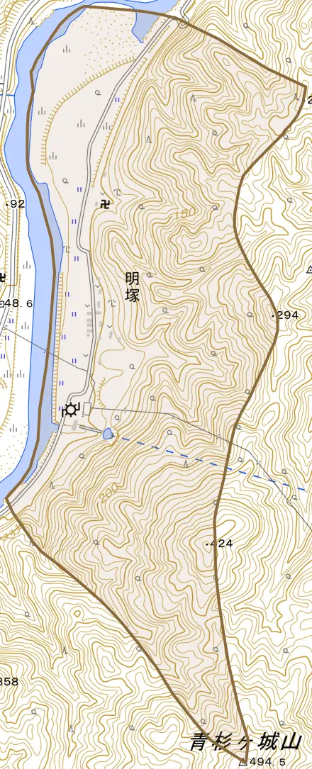 明塚とその周辺の地図。町の範囲を重ねている