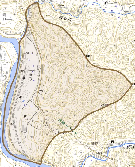 浜原とその周辺の地図。町の範囲を重ねている
