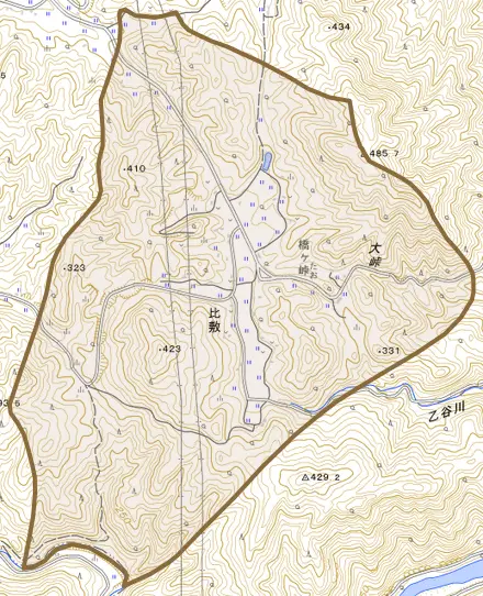 比敷とその周辺の地図。町の範囲を重ねている