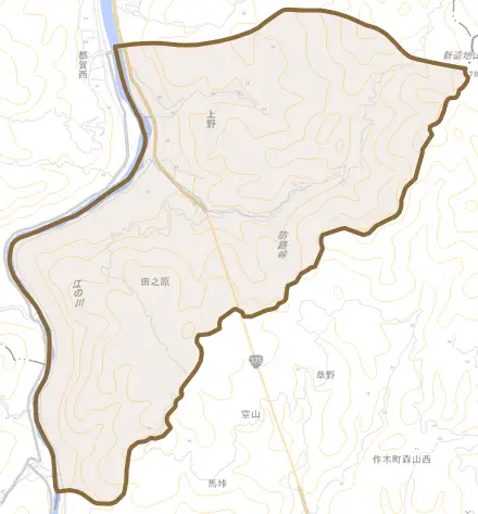 上野とその周辺の地図。町の範囲を重ねている