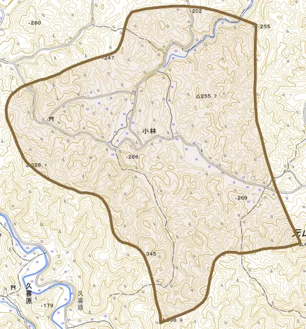 小林とその周辺の地図。町の範囲を重ねている