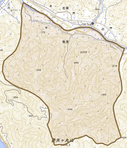 熊見とその周辺の地図。町の範囲を重ねている