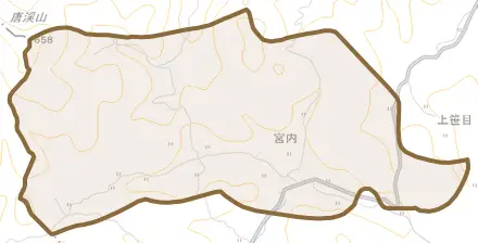 宮内とその周辺の地図。町の範囲を重ねている