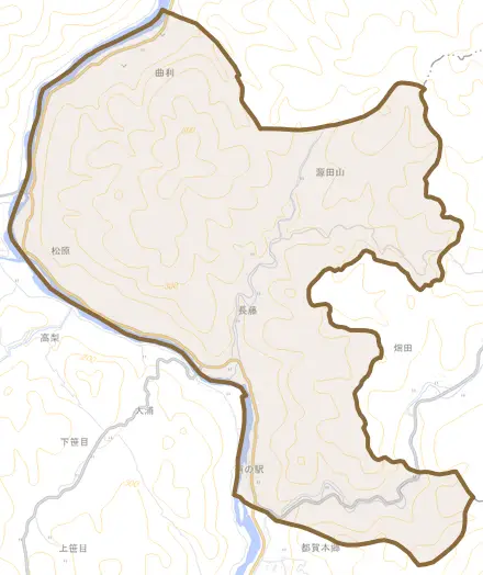 長藤とその周辺の地図。町の範囲を重ねている