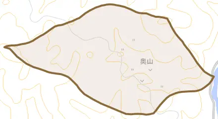 奥山とその周辺の地図。町の範囲を重ねている