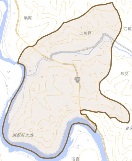 上川戸とその周辺の地図。町の範囲を重ねている