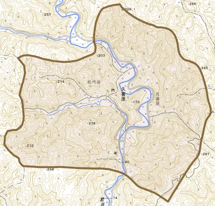 久喜原とその周辺の地図。町の範囲を重ねている