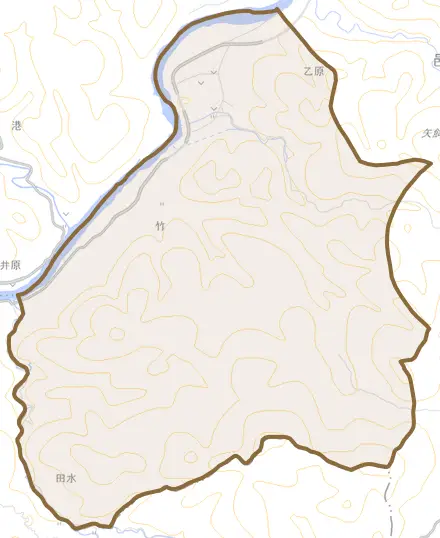 乙原とその周辺の地図。町の範囲を重ねている