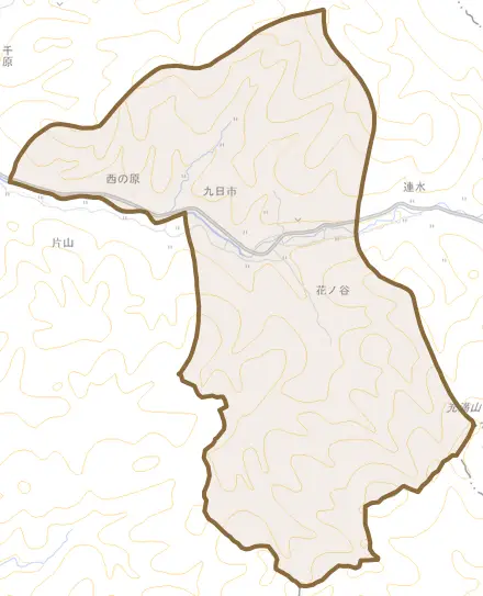 九日市とその周辺の地図。町の範囲を重ねている