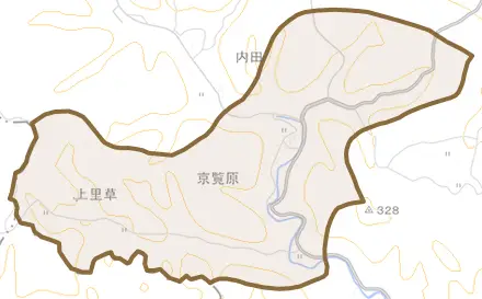 京覧原とその周辺の地図。町の範囲を重ねている