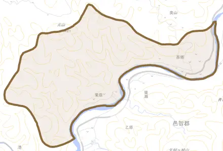 吾郷とその周辺の地図。町の範囲を重ねている