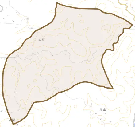 志君とその周辺の地図。町の範囲を重ねている