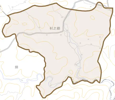 村之郷とその周辺の地図。町の範囲を重ねている