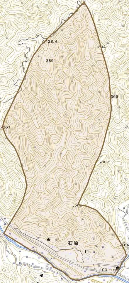 石原とその周辺の地図。町の範囲を重ねている
