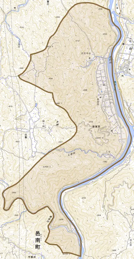 都賀西とその周辺の地図。町の範囲を重ねている