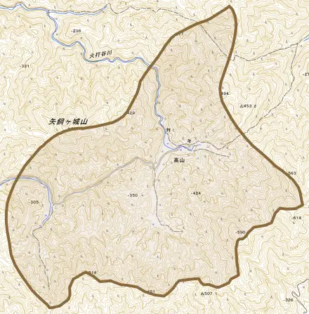 高山とその周辺の地図。町の範囲を重ねている