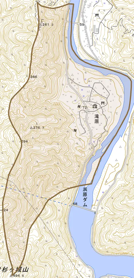滝原とその周辺の地図。町の範囲を重ねている