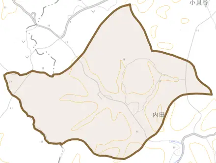 内田とその周辺の地図。町の範囲を重ねている