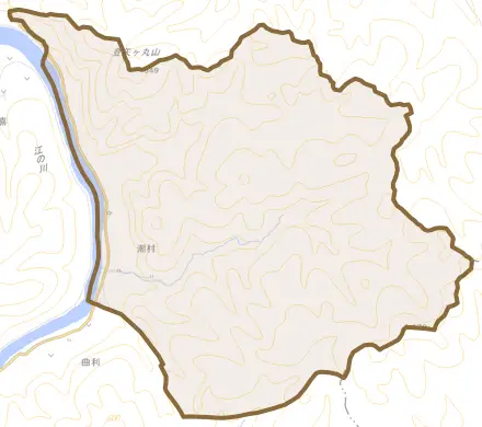 潮村とその周辺の地図。町の範囲を重ねている