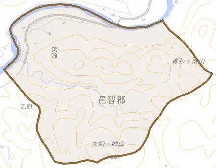 簗瀬とその周辺の地図。町の範囲を重ねている