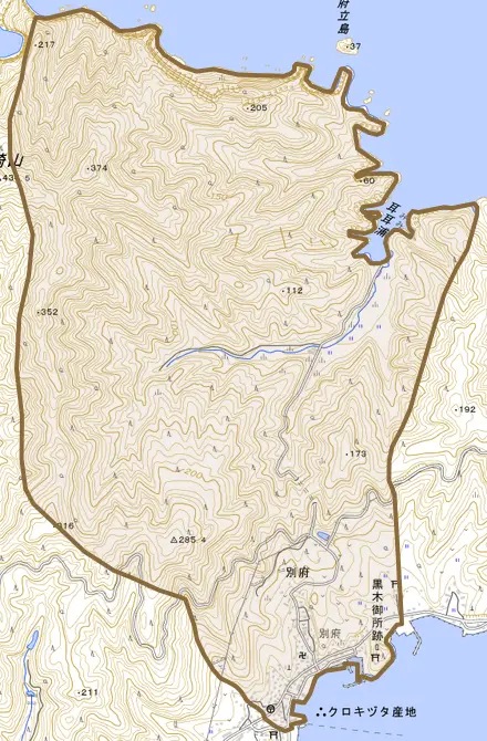 大字別府とその周辺の地図。町の範囲を重ねている