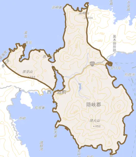 大字美田とその周辺の地図。町の範囲を重ねている