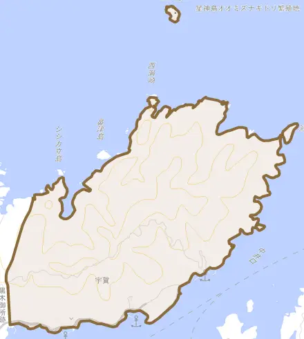 大字宇賀とその周辺の地図。町の範囲を重ねている