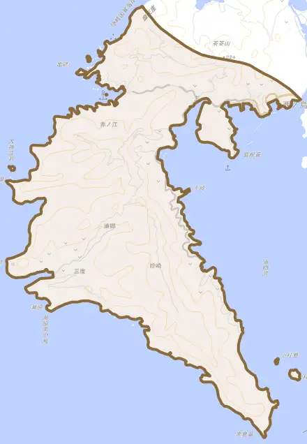 大字浦郷とその周辺の地図。町の範囲を重ねている