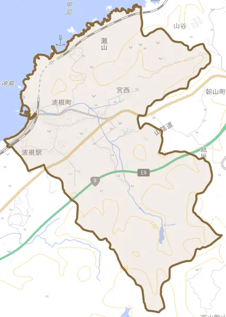 波根町とその周辺の地図。町の範囲を重ねている