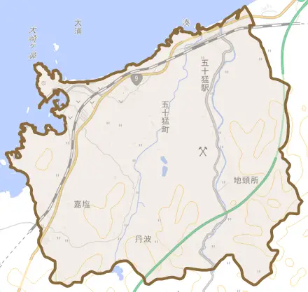 五十猛町とその周辺の地図。町の範囲を重ねている