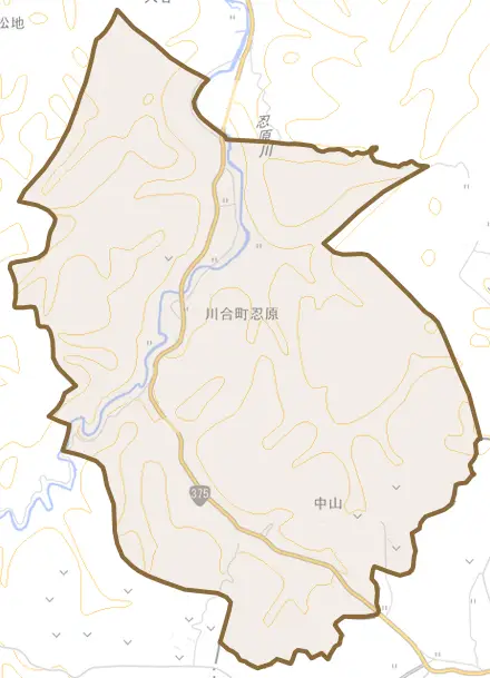 川合町忍原とその周辺の地図。町の範囲を重ねている