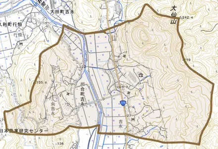 川合町吉永とその周辺の地図。町の範囲を重ねている