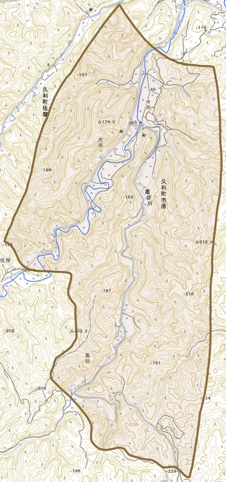 久利町市原とその周辺の地図。町の範囲を重ねている
