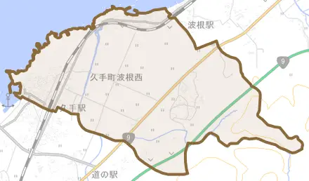 久手町波根西とその周辺の地図。町の範囲を重ねている