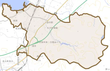 久手町刺鹿とその周辺の地図。町の範囲を重ねている