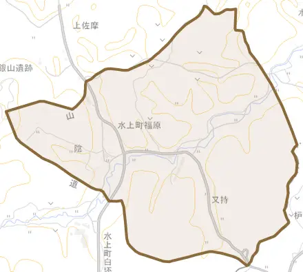 水上町福原とその周辺の地図。町の範囲を重ねている