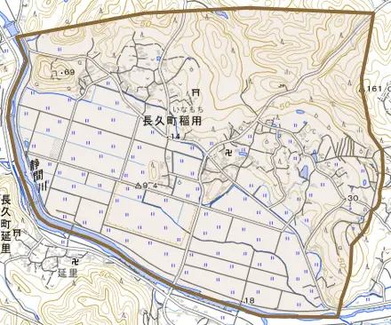 長久町稲用とその周辺の地図。町の範囲を重ねている