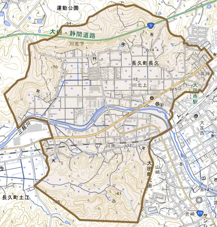 長久町長久とその周辺の地図。町の範囲を重ねている