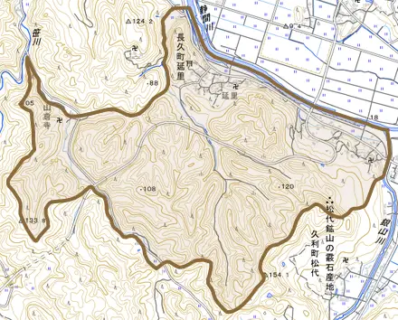 長久町延里とその周辺の地図。町の範囲を重ねている