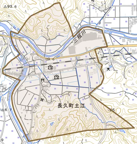長久町土江とその周辺の地図。町の範囲を重ねている