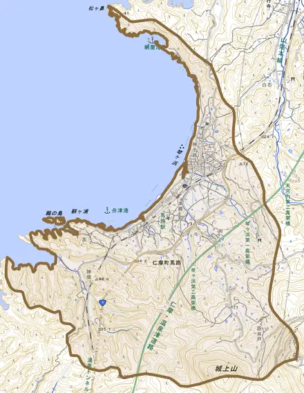 仁摩町馬路とその周辺の地図。町の範囲を重ねている