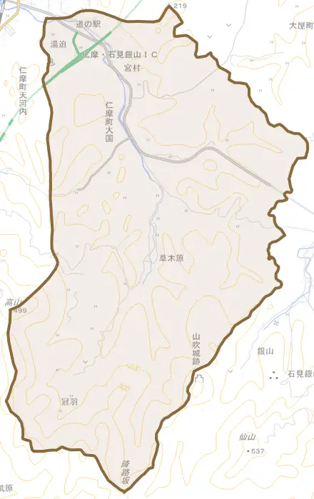 仁摩町大国とその周辺の地図。町の範囲を重ねている
