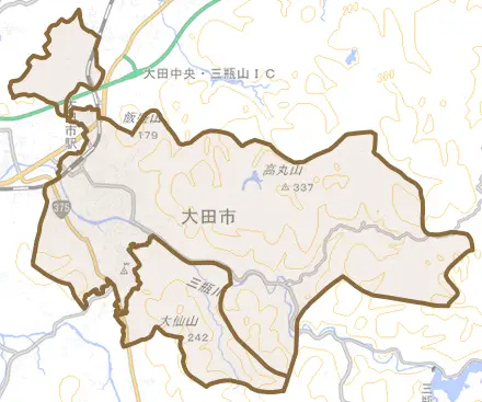 大田町大田とその周辺の地図。町の範囲を重ねている