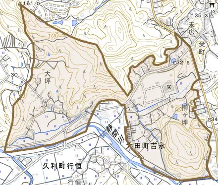大田町吉永とその周辺の地図。町の範囲を重ねている